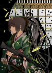  absurdres breasts brown_eyes brown_hair bullet_hole flower gun highres japanese_clothes kimono long_hair looking_at_viewer original shell_casing solo tetsua_rei very_long_hair weapon 