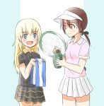  alternate_costume blonde_hair blue_eyes bottle brown_hair gertrud_barkhorn hair_ribbon hatopo_(beach7pijon) helma_lennartz multiple_girls racket ribbon sportswear strike_witches tennis_racket tennis_uniform towel twintails visor visor_cap water_bottle yellow_eyes 