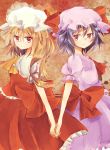 ascot blonde_hair blush bow flandre_scarlet hand_holding hat hat_bow holding_hands kurumi_(69a4y) multiple_girls puffy_sleeves purple_hair red_eyes remilia_scarlet short_hair short_sleeves siblings side_ponytail sisters smile touhou 