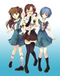  ayanami_rei black_legwear blue_eyes blue_hair brown_hair checkered checkered_skirt closed_eyes glasses hair_ornament light_brown_hair locked_arms long_hair maki_(natoriumu) makinami_mari_illustrious multiple_girls necktie neon_genesis_evangelion open_mouth rebuild_of_evangelion red_eyes school_uniform shirt short_hair short_sleeves skirt smile soryu_asuka_langley souryuu_asuka_langley thigh-highs thighhighs twintails zettai_ryouiki 