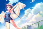  :d blue_eyes blue_swimsuit blush brown_hair cloud clouds fang fence hair_ornament highres holding jpeg_artifacts long_hair looking_at_viewer one-piece_swimsuit open_mouth open_towel original ponytail school_swimsuit sky smile solo swimsuit takoyaki_(artist) takoyaki_(roast) towel twintails 