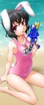  :p animal_ears bare_legs bare_shoulders beach black_hair bunny_ears bunny_tail byeontae_jagga carrot inaba_tewi jewelry looking_at_viewer necklace ocean pendant pink_school_swimsuit pink_swimsuit rabbit_ears red_eyes school_swimsuit short_hair sitting skindentation smile solo swimsuit tail tongue touhou wariza water water_gun 