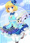  bad_id blonde_hair blue_eyes hair_ribbon hat mary_janes musical_note nekosugiayana original piano_wire ribbon shoes skirt skirt_lift smile solo staff_(music) unmoving_pattern 
