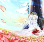  blood blue_eyes bouquet cafe_au_lait_(kafeore) dress flower hanged highres long_hair long_sleeves multiple_girls original petals puffy_sleeves rose shoes smile tombstone tree very_long_hair white_dress white_hair 