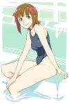  amami_haruka brown_hair green_eyes hair_ribbon highres idolmaster looking_at_viewer one-piece_swimsuit partially_submerged pool ribbon short_hair sitting smile solo swimsuit thesale 