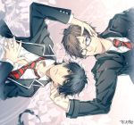  ao_no_exorcist black_hair blue_eyes brothers brown_hair glasses japants male multiple_boys necktie okumura_rin okumura_yukio pointy_ears school_uniform siblings striped striped_necktie 