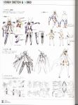  1girl arc_system_works ass bare_shoulders blazblue blonde_hair blue_eyes cape character_sheet concept_art forehead_protector halterneck highres long_hair mecha_musume mu-12 navel navel_cutout necktie robot_ears scan sketch solo sword thigh-highs thighhighs toeless_legwear translation_request weapon white_legwear 
