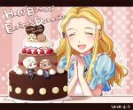  1girl 2boys ^_^ blonde_hair blue_eyes cake closed_eyes cookie dress enrico_pucci ffc food happy_birthday hat jitome jojo_no_kimyou_na_bouken long_hair multiple_boys pearla_pucci siblings weather_report white_hair 