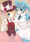  :q alice_in_musicland_(vocaloid) aqua_hair blonde_hair blue_eyes bowtie cup dress hat hatsune_miku kagamine_rin multiple_girls musical_note short_hair spoon striped striped_background tea teacup tongue top_hat twintails vocaloid wink yukiko_(yukihakka) 