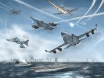  ace_combat_5 aegis_cruiser aegis_guided_missile_cruiser aerial_battle aircraft_carrier airplane bae_nimrod battle bomb bridge commentary condensation_trail cruiser damaged explosion f-5 fighter_jet flying jet missile ocean ofs_kestrel ragi_(00203) ship ticonderoga_class 