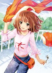  bakemonogatari brown_eyes brown_hair cover cover_page doujin_cover fanny_pack hat hat_removed headwear_removed jacket jacket_removed jeans keychain monogatari_(series) sengoku_nadeko short_hair solo zless 