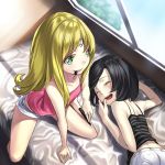  black_hair blonde_hair closed_eyes eyes_closed green_eyes kyon_(fuuran) long_hair marker mouth_hold multiple_girls open_mouth original short_hair short_shorts shorts sleeping tank_top yukimi_dango 