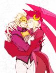  1boy 1girl android blazblue blonde_hair claws closed_eyes couple eyes_closed facial_hair hat hug ignis_(blazblue) mask relius_clover short_hair stubble white_skin zetsho 