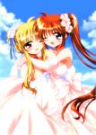  bare_shoulders blonde_hair blush bow breasts bride brown_hair carrying cleavage cloud clouds dress elbow_gloves fate_testarossa flower gloves gown hair_flower hair_ornament hair_ribbon jewelry long_hair lyrical_nanoha mahou_shoujo_lyrical_nanoha_strikers multiple_girls nanashiki necklace open_mouth pendant princess_carry purple_eyes red_eyes ribbon rose side_ponytail sky takamachi_nanoha violet_eyes wedding wedding_dress white_dress wink yuri 
