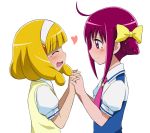  :d blonde_hair closed_eyes commentary_request eyes_closed hairband hands_clasped hands_together hoshizora_miyuki kise_yayoi multiple_girls open_mouth pink_eyes pink_hair precure school_uniform short_hair smile smile_precure! suzushiro_yukari sweater_vest tears twintails 