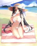  1girl :p arm_support barefoot beach bikini black_hair blush breasts brown_eyes cleavage food_on_body hat highres kneeling long_hair navel notepad off_shoulder ozawa_yuu parasol popsicle sitting solo strap_slip sun_hat swimsuit swimsuit tachibana_kukuri thigh_gap tongue umbrella very_long_hair wariza 