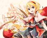  alice_margatroid apple ascot blonde_hair blue_eyes capelet cup flower food fruit hairband kaio_(watagami) leaf long_sleeves minigirl open_mouth solo tea teacup touhou 