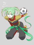  1boy ball character_name cosplay fei_rune green_eyes green_hair inazuma_eleven_(series) inazuma_eleven_go inazuma_eleven_go_chrono_stone kneeling male open_mouth simple_background soccer_ball solo telstar zanak_abalonic zanak_abalonic_(cosplay) zuwai_kani 