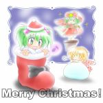  =_= blonde_hair blush blush_stickers bow closed_eyes eyes_closed green_eyes green_hair hair_bobbles hair_bow hair_ornament hat kagiyama_hina kisume mizuhashi_parsee multiple_girls open_mouth pointy_ears rope ruto5102 sack santa_hat short_hair spinning star touhou twintails 