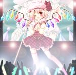  adapted_costume blush crystal fang flandre_scarlet hat hat_ribbon meiya_neon microphone open_mouth pointing puffy_sleeves red_eyes ribbon short_sleeves side_ponytail solo touhou wings wink 