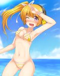  bikini blonde_hair blush copyright_request headphones highres long_hair open_mouth purple_eyes salute shimo_(depthbomb) side_ponytail sky smile solo striped striped_bikini striped_swimsuit swimsuit violet_eyes water wet wink 