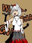  animal_ears breasts closed_eyes detached_sleeves eyes_closed fingerless_gloves gloves hat inubashiri_momiji microphone open_mouth pinky_out short_hair simple_background singing skirt solo tetsua_rei tokin_hat touhou white_hair wolf_ears 