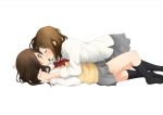  blush brown_eyes brown_hair closed_eyes eyes_closed girl_on_top hand_holding holding_hands kiss lying multiple_girls original sato_(actual_size) school_uniform short_hair simple_background sleeves_rolled_up surprise_kiss sweater_vest yuri 
