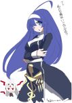  ahoge artist_request blue_eyes blue_hair blush breasts chibi crossed_arms dress hairband huge_ahoge large_breasts long_hair multiple_girls orie_(under_night_in-birth) red_eyes signature translation_request under_night_in-birth vatista white_hair wink 