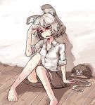  alternate_costume animal animal_ears basket blush grey_hair mouse mouse_ears mouse_tail nazrin open_mouth red_eyes shirt sitting sleeves_rolled_up solo sweat tail touhou yunuki_uta 