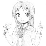  akiyama_mio alternate_hairstyle black_eyes black_hair blush cup greyscale hime_cut k-on! long_hair monochrome nome_(nnoommee) open_mouth school_uniform simple_background smile solo uniform very_long_hair white_background 