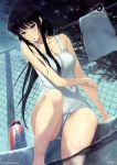  absurdres bare_shoulders black_hair blue_eyes bottle breasts chainlink_fence cleavage collarbone dutch_angle feet_in_water highres innocent_grey kara_no_shoujo_2 kayahara_yukiko large_breasts lips long_hair parted_lips ponytail pool poolside scan school_swimsuit sitting soaking_feet solo sugina_miki swimsuit water water_bottle white_school_swimsuit 