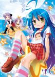  :3 blue_hair cover cover_page doujin_cover full_moon hair_ribbon hiiragi_kagami hiiragi_tsukasa izumi_konata long_hair lucky_star moon multiple_girls plaid plaid_skirt purple_eyes purple_hair ribbon saturn school_uniform siblings sisters skirt socks star striped striped_socks t-shirt twins twintails violet_eyes yellow_eyes zless 