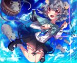 absurdres animal animal_ears basket belt blush capelet clouds dowsing_rod dress grey_hair highres hoshika_ranoe jewelry mary_janes mouse mouse_ears multicolored_eyes nazrin open_mouth pendant red_eyes shoes short_hair sky solo tail touhou yellow_eyes