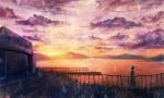  1girl absurdres bou_nin building cloud dress fence from_behind grass highres mountain ocean original scenery scenic short_hair sky sunset 