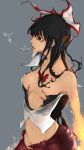  alternate_hair_color anntannt bare_shoulders black_hair bow burnt_clothes cigarette fire flame fujiwara_no_mokou grey_background hair_bow hair_ribbon highres looking_away red_eyes ribbon simple_background smoke smoking solo touhou tress_ribbon 