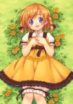  :d bloomers blue_eyes braid copyright_request dandelion dress flower grass hands_on_own_chest inou_shin looking_at_viewer lying on_back open_mouth orange_hair short_hair smile solo twin_braids 