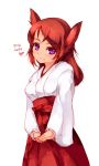  animal_ears blush fang fox_ears hands_together japanese_clothes looking_at_viewer miko nekohige original purple_eyes red_hair redhead solo violet_eyes white_background 
