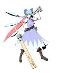  advent_cirno ascot bag belt blue_eyes blue_hair bow cirno cross-laced_footwear dual_wielding hair_bow highres m134 puffy_sleeves short_hair short_sleeves solo standing sword touhou weapon white_background 