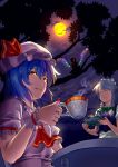  3girls ascot blue_hair bow braid closed_eyes cloud clouds cup eyes_closed fang flandre_scarlet full_moon glowing glowing_eye glowing_eyes hair_bow hat hat_ribbon izayoi_sakuya kettle maid maid_headdress moon multiple_girls open_mouth puffy_sleeves red_eyes remilia_scarlet ribbon short_hair short_sleeves silver_hair sky smile table tahoo teacup touhou tray tree twin_braids wings wrist_cuffs yellow_eyes 