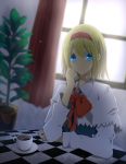  alice_margatroid bad_id blonde_hair blue_eyes bow capelet cup curtains hairband long_sleeves plant plate shin_(nagaburo) short_hair solo teacup touhou window 