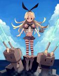  1girl :3 anchor black_eyes blonde_hair elbow_gloves fuco gloves hairband kantai_collection long_hair navel personification rensouhou-chan shimakaze_(kantai_collection) skirt socks striped striped_legwear thigh-highs white_gloves 
