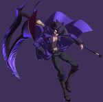  abs black_hair boots dark_skin french-bread glowing glowing_eye gordeau huge_weapon knee_boots official_art open_clothes open_jacket purple_eyes scythe simple_background solo spiked_hair spiky_hair under_night_in-birth violet_eyes weapon 