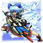 adapted_costume advent_cirno alternate_weapon blue_eyes blue_hair bow cirno detached_wings gundam hair_bow ice ice_wings matirine open_mouth short_hair solo stance touhou weapon wings zeta_gundam zeta_gundam_(mobile_suit) 