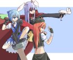  adapted_costume advent_cirno animal_ears armor blue_eyes blue_hair bow braid bunny_ears cape cirno dual_wielding finger_on_trigger fingerless_gloves gloves gun hair_bow handgun hat headband highres hing_meiling hong_meiling komakedara long_hair long_sleeves multiple_girls necktie open_mouth puffy_sleeves purple_hair rabbit_ears red_eyes red_hair redhead reisen_udongein_inaba short_hair short_sleeves side_braid single_braid smile star sword touhou weapon 