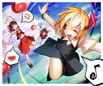  4girls 5girls angry ascot blonde_hair bow bracelet broom daiyousei detached_sleeves explosion fairy_wings fang food fruit green_hair hair_bow hair_ribbon hair_tubes hakurei_reimu hat highres jewelry kirisame_marisa multiple_girls navel ofuda open_mouth outstretched_arms red_eyes ribbon rumia short_sleeves side_ponytail spark621 touhou watermelon wide_sleeves wings wink witch_hat wriggle_nightbug 