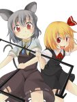 animal_ears blonde_hair capelet dowsing_rod fang grey_hair highres jewelry meriibe mouse_ears multiple_girls nazrin open_mouth outstretched_arms pendant puffy_sleeves red_eyes rumia short_hair short_sleeves smile tail touhou white_background
