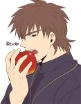  apple brown_eyes brown_hair eating fate/zero fate_(series) food fruit jewelry kotomine_kirei male necklace solo zihad 
