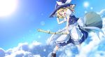  apron blonde_hair blush bow braid broom cloud clouds hair_bow hat kirisame_marisa long_hair open_mouth puffy_sleeves short_sleeves side_braid single_braid sky solo touhou ver.5 witch_hat yellow_eyes 