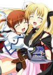  armor bare_shoulders belt blonde_hair brown_hair buckle cape closed_eyes eyes_closed fate_testarossa hair_ribbon happy kakitsubata_tsukune lyrical_nanoha mahou_shoujo_lyrical_nanoha mahou_shoujo_lyrical_nanoha_a&#039;s mahou_shoujo_lyrical_nanoha_a's mahou_shoujo_lyrical_nanoha_the_movie_2nd_a&#039;s mahou_shoujo_lyrical_nanoha_the_movie_2nd_a's multiple_girls puffy_sleeves ribbon short_twintails skirt takamachi_nanoha thigh-highs thighhighs twintails 