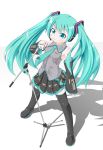  absurdres aqua_eyes aqua_hair cxe detached_sleeves hatsune_miku headset highres long_hair microphone microphone_stand necktie simple_background skirt smile solo thigh-highs thighhighs twintails very_long_hair vocaloid white_background 